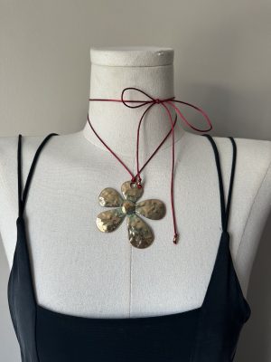 Gold Flower Statement on red Satin Necklace
