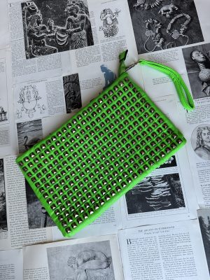 Green Faux Leather Studded Clutch