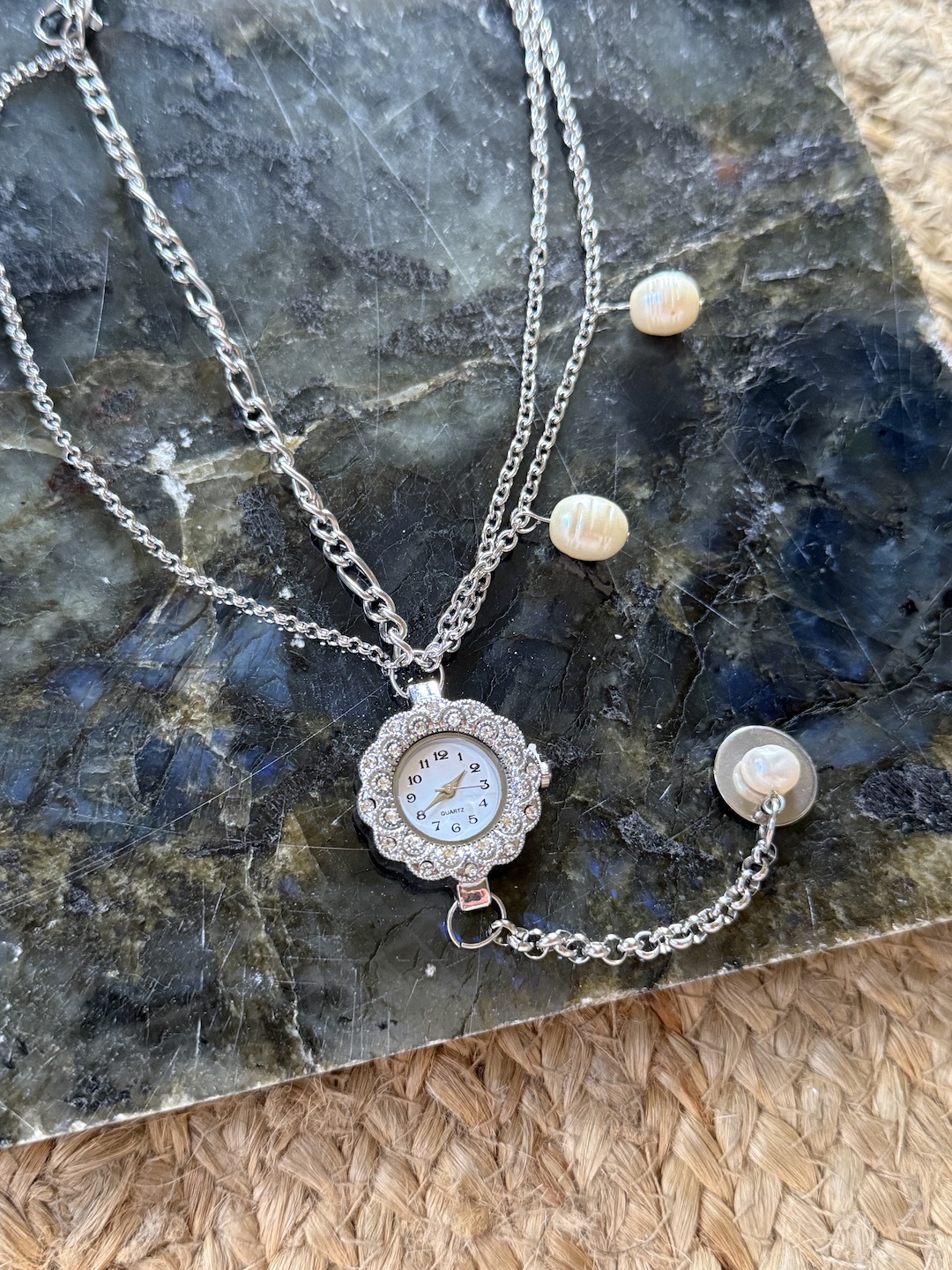 Silver Clock and Pearl Necklace - Image 2